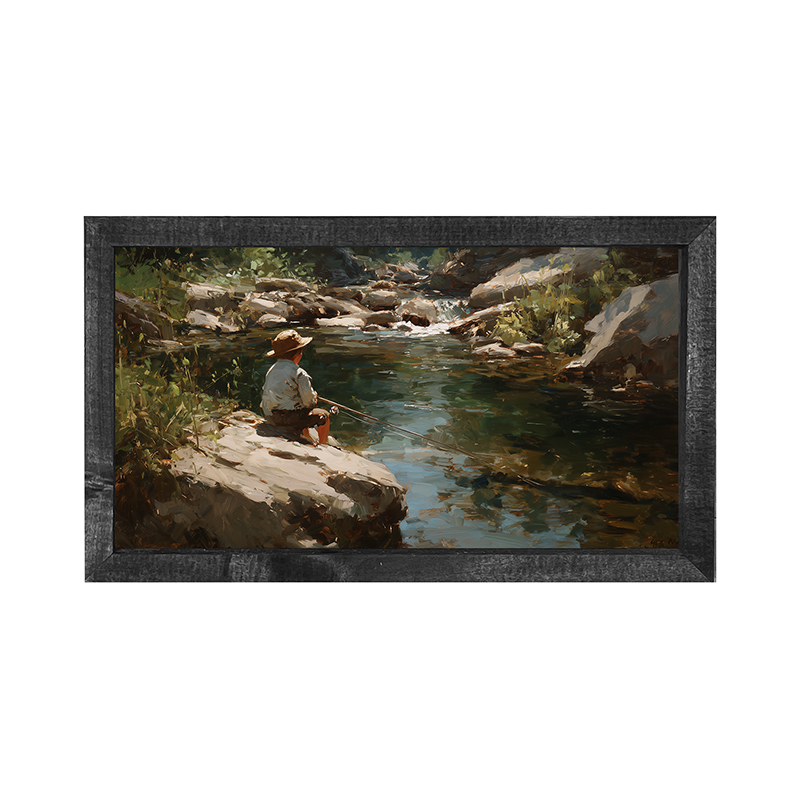 Fishing - Boy on River Rock - Horizontal Frame