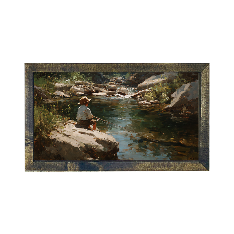 Fishing - Boy on River Rock - Horizontal Frame