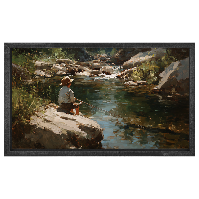 Fishing - Boy on River Rock - Horizontal Frame