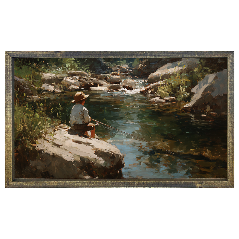 Fishing - Boy on River Rock - Horizontal Frame
