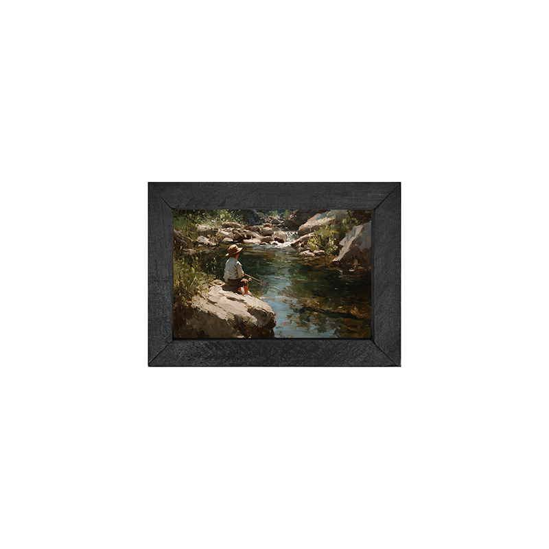 Fishing - Boy on River Rock - Horizontal Frame