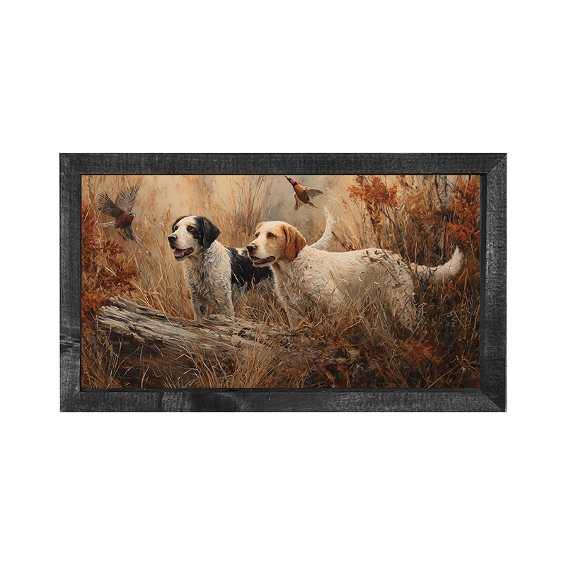 Hunting Season - Dogs near Log - Horizontal Frame