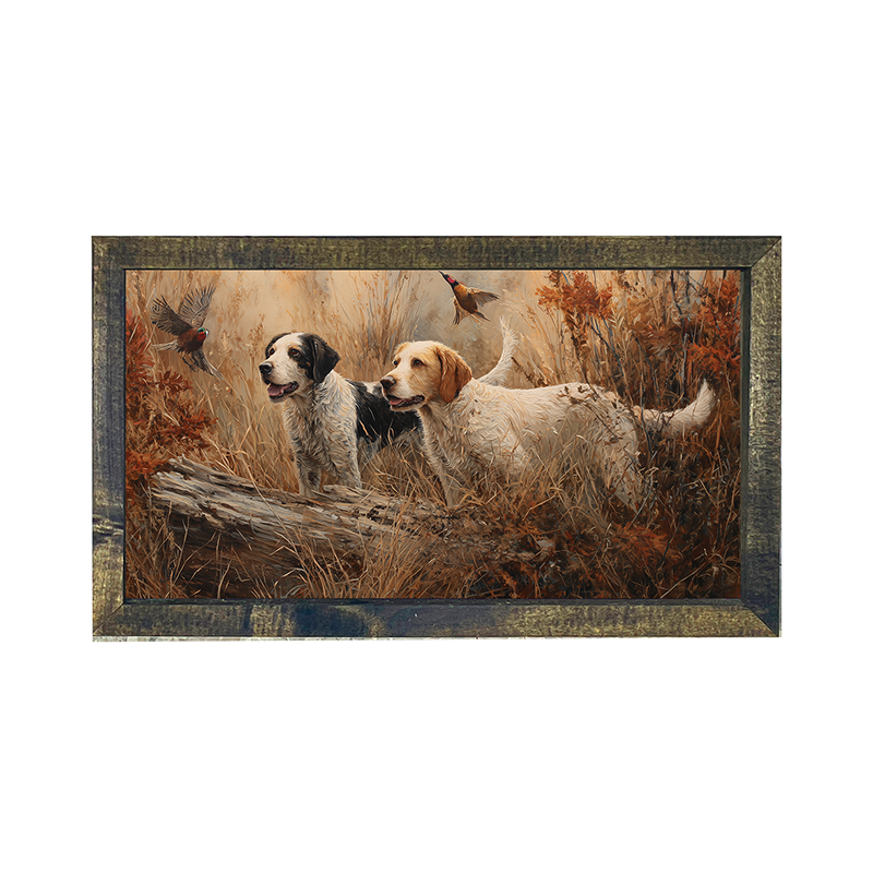 Hunting Season - Dogs near Log - Horizontal Frame
