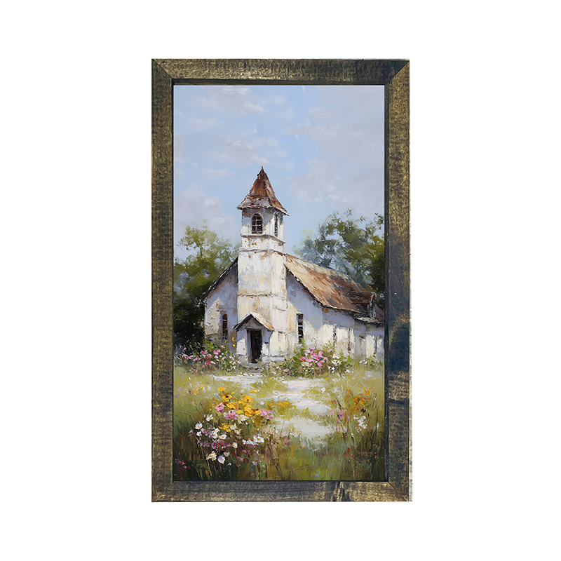 Country Church with Wildflowers - Vertical Frame