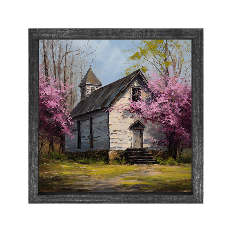 Country Church with Purple Flowering Tree