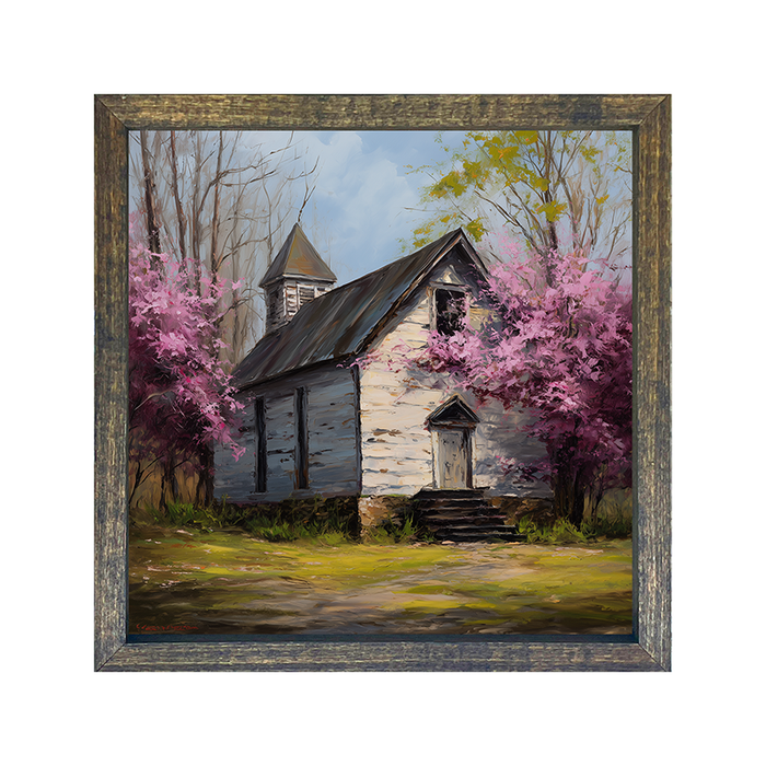 Country Church with Purple Flowering Tree