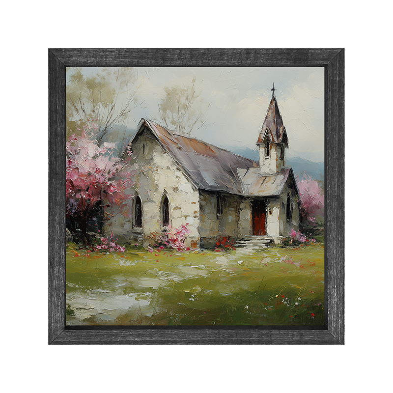 Country Church with Pink and Purple Flowering Trees