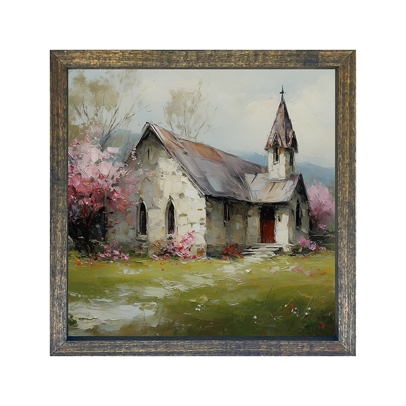 Country Church with Pink and Purple Flowering Trees