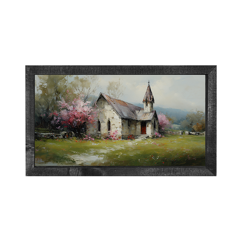 Country Church with Pink and Purple Flowering Trees - Horizontal Frame