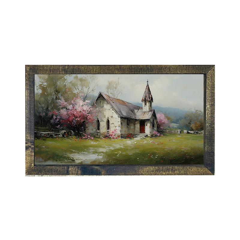Country Church with Pink and Purple Flowering Trees - Horizontal Frame