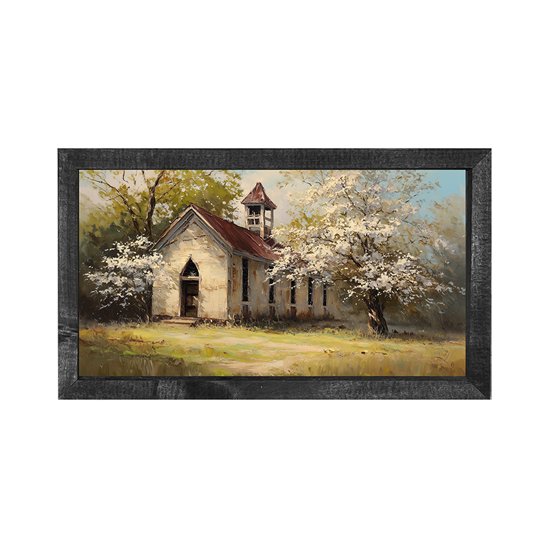 Country Church with White Flowering Trees - Horizontal Frame