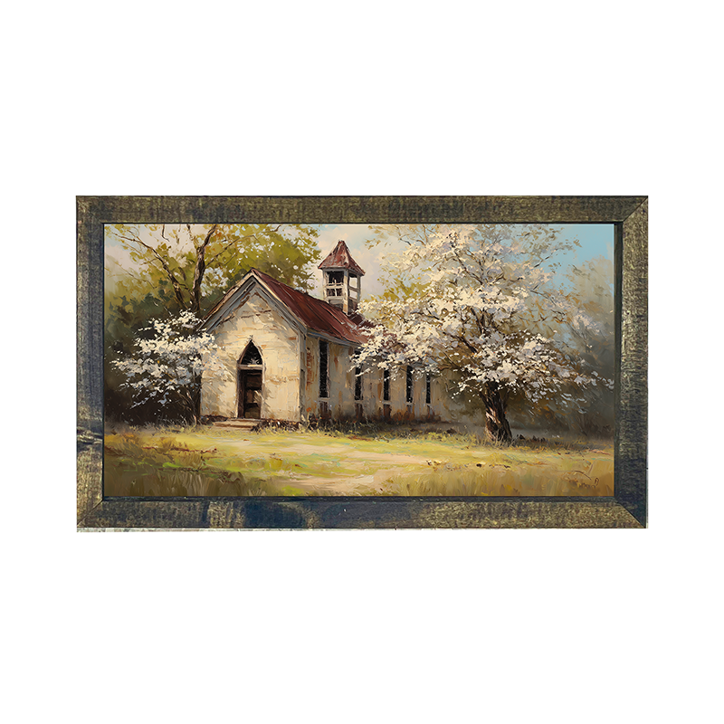 Country Church with White Flowering Trees - Horizontal Frame
