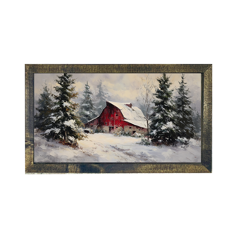 Red Country Barn in Winter - Horizontal Frame