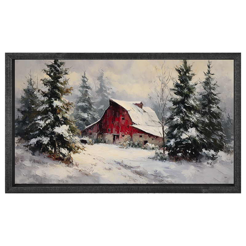 Red Country Barn in Winter - Horizontal Frame