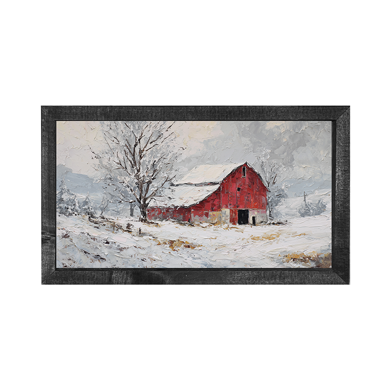 Country Winter - Red Barn near Tree - Horizontal Frame