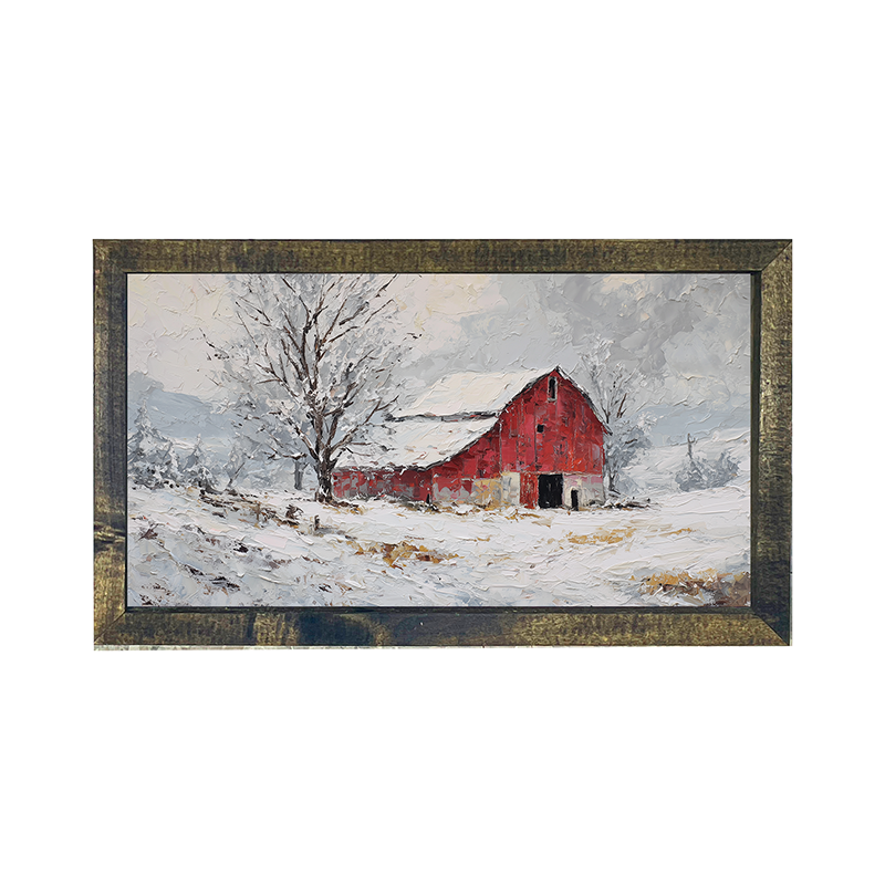 Country Winter - Red Barn near Tree - Horizontal Frame
