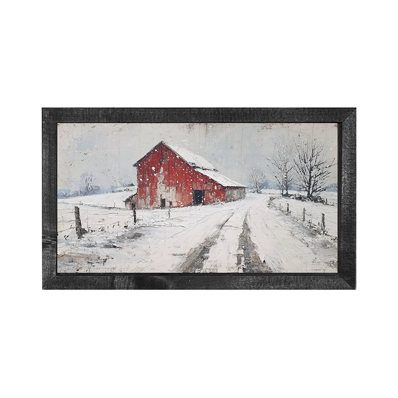 Country Winter - Red Barn near Road - Horizontal Frame