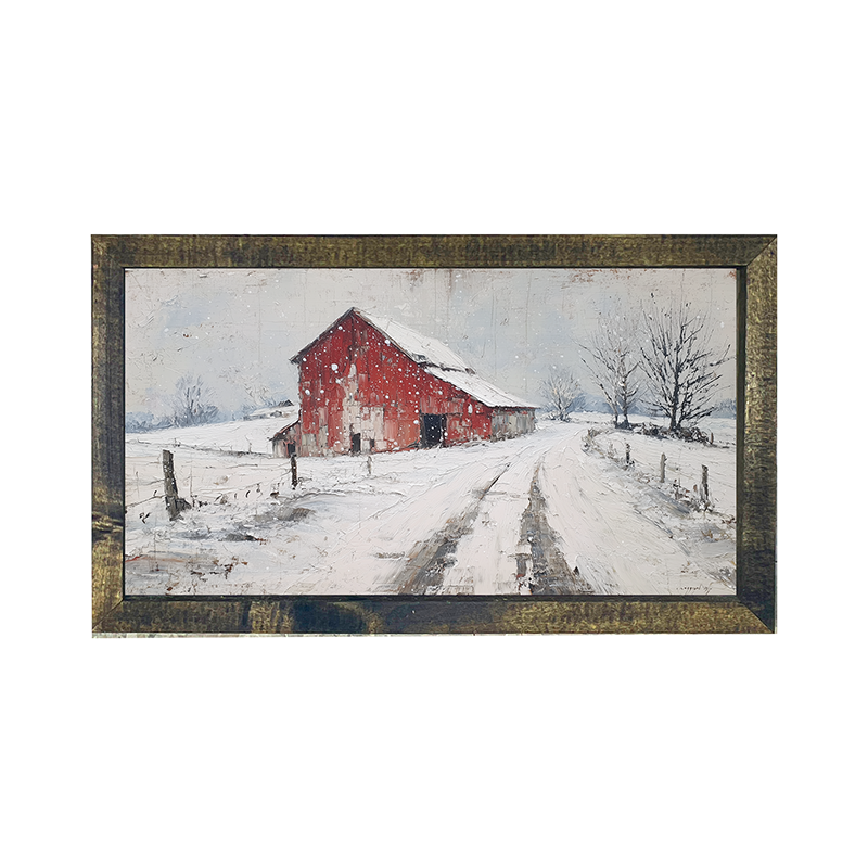 Country Winter - Red Barn near Road - Horizontal Frame