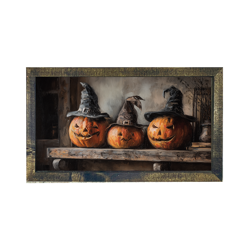 Trio of Jack-o-Lanterns in Witch Hats - Horizontal Frame