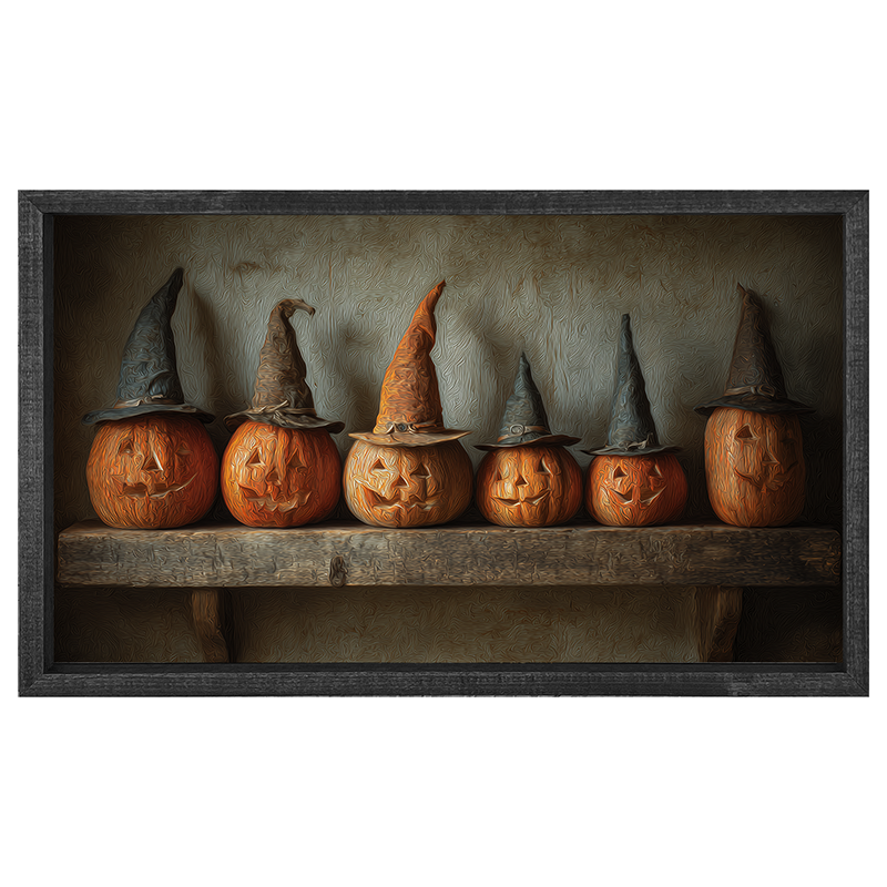 Shelf Full of Jack-o-Lanterns in Witch Hats - Horizontal Frame