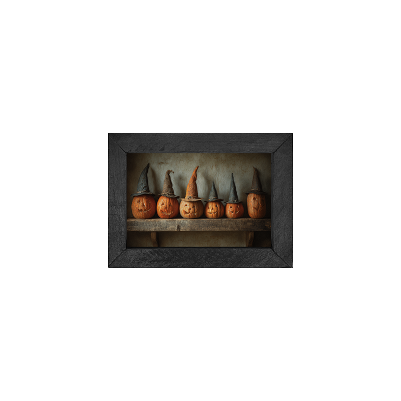 Shelf Full of Jack-o-Lanterns in Witch Hats - Horizontal Frame