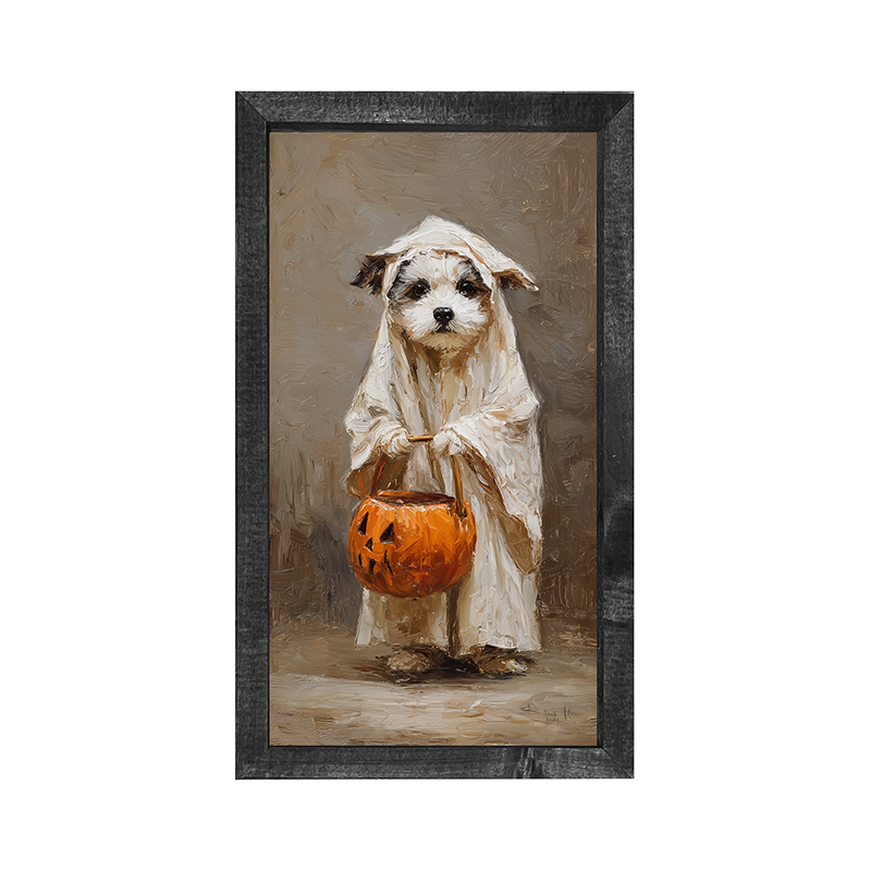Trick or Treating Pets - Dog as a Ghost - Vertical Frame