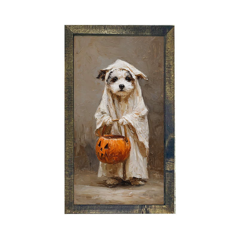 Trick or Treating Pets - Dog as a Ghost - Vertical Frame