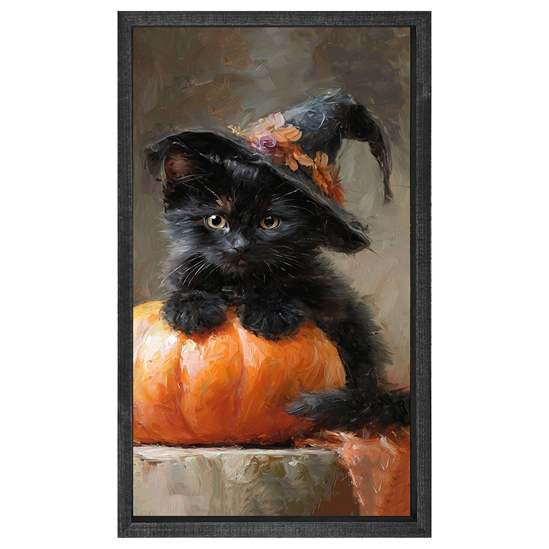 Black Kitten with Pumpkin - Vertical Frame
