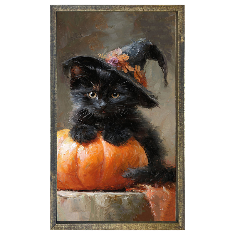 Black Kitten with Pumpkin - Vertical Frame