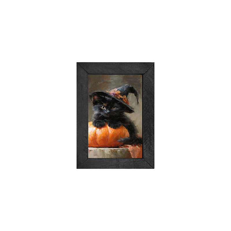 Black Kitten with Pumpkin - Vertical Frame