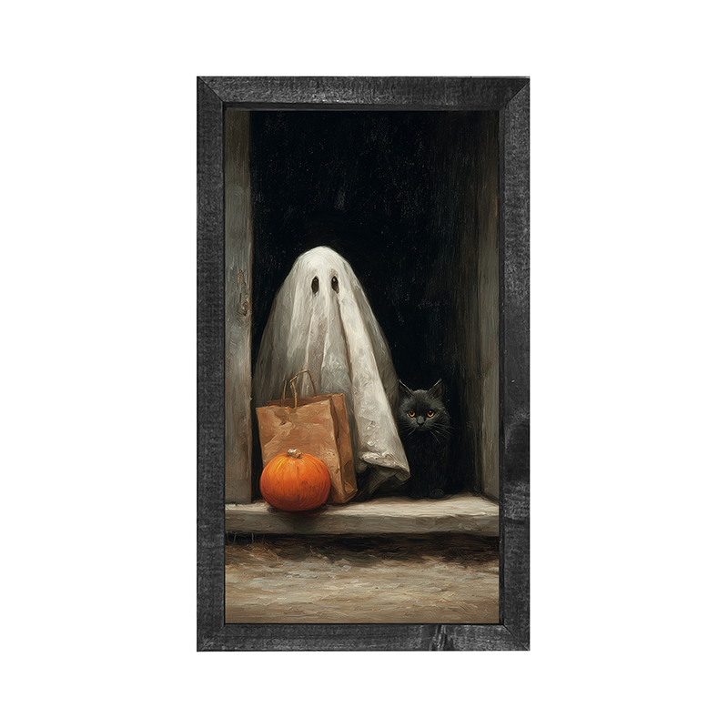 Ghost with Black Cat Trick or Treating - Vertical Frame