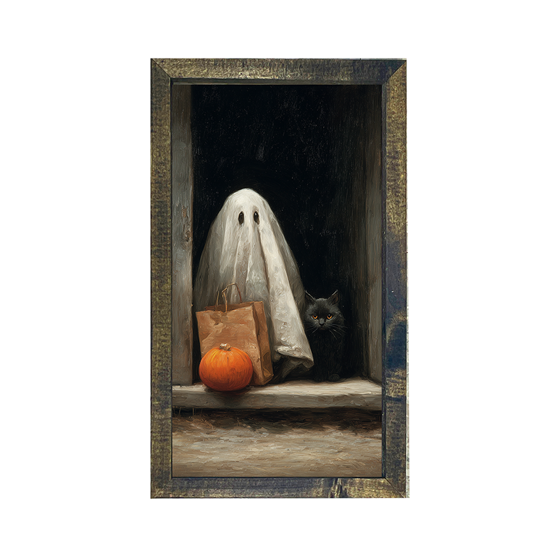 Ghost with Black Cat Trick or Treating - Vertical Frame