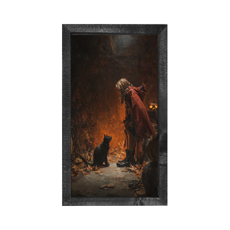 Witch with Black Cat at Night - Vertical Frame