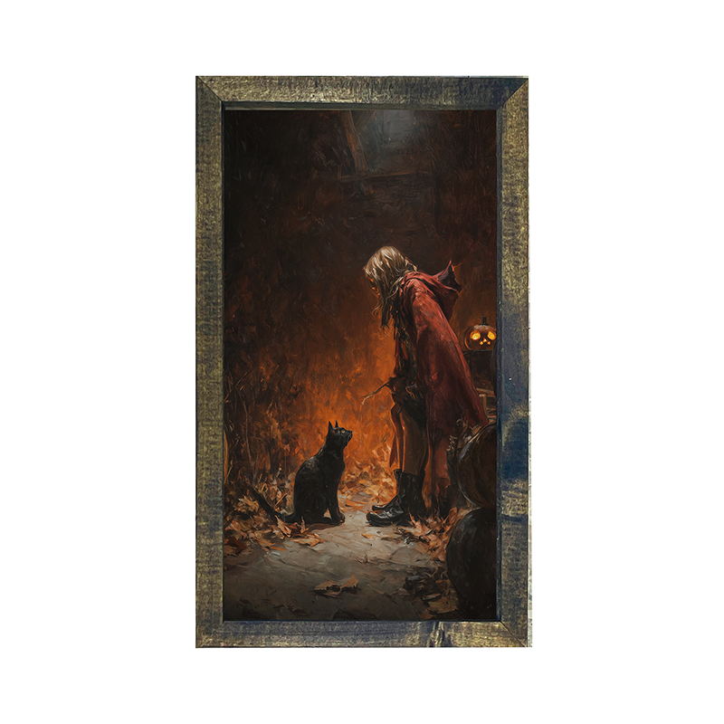Witch with Black Cat at Night - Vertical Frame