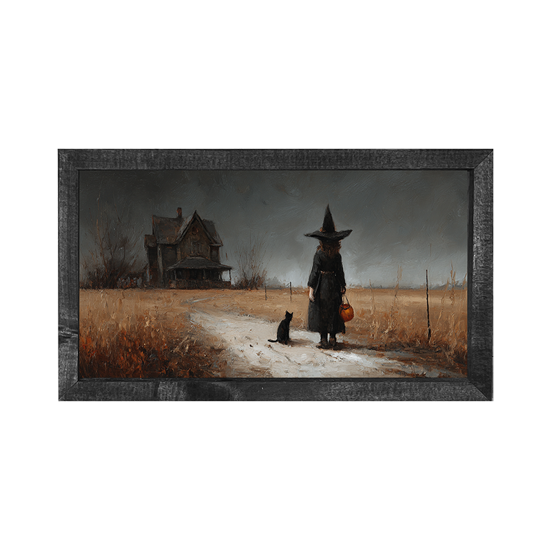 Witch with Black Cat Trick or Treating - Horizontal Frame