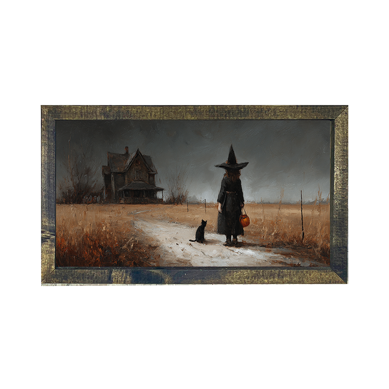 Witch with Black Cat Trick or Treating - Horizontal Frame