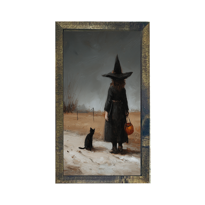 Witch with Black Cat Trick or Treating - Vertical Frame