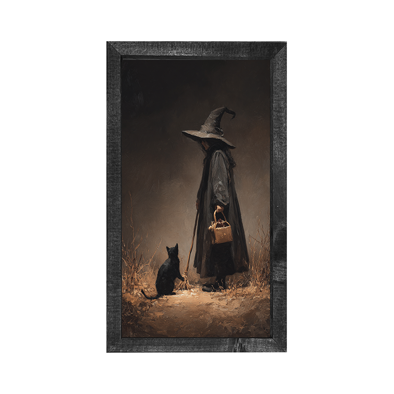 Witch with Black Cat on Path - Vertical Frame