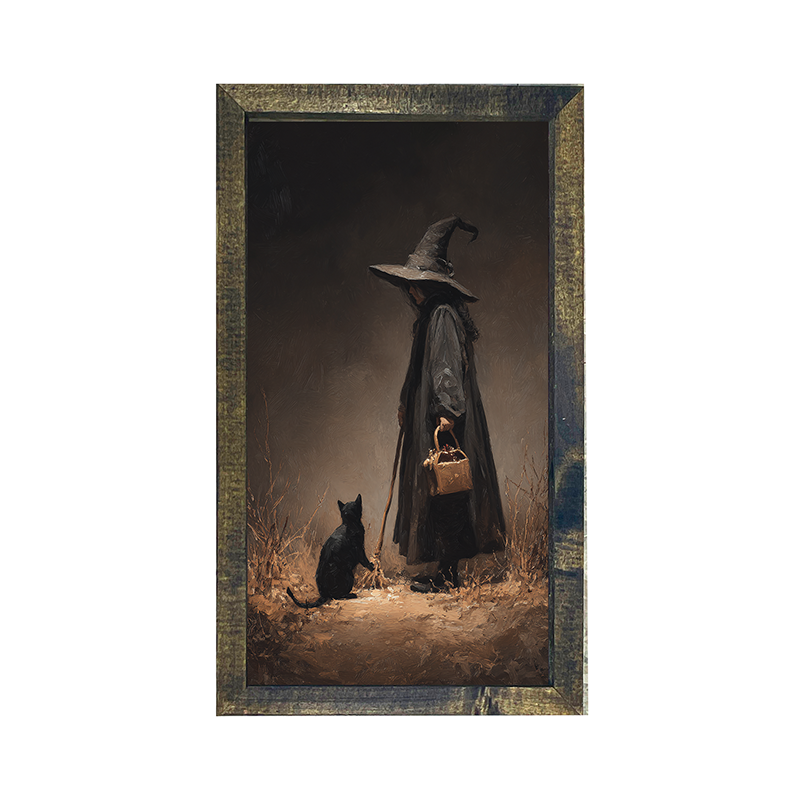 Witch with Black Cat on Path - Vertical Frame