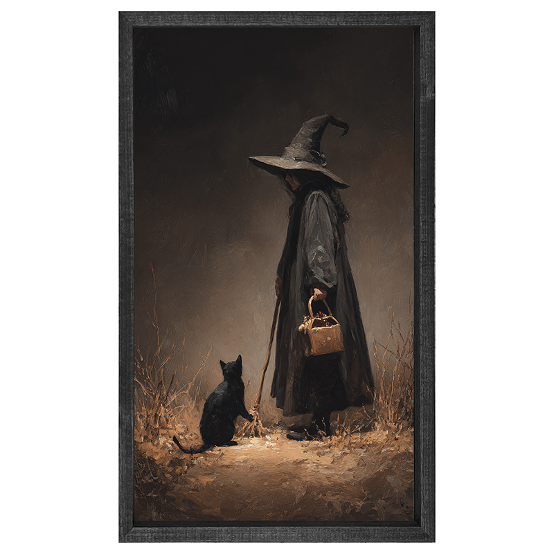 Witch with Black Cat on Path - Vertical Frame