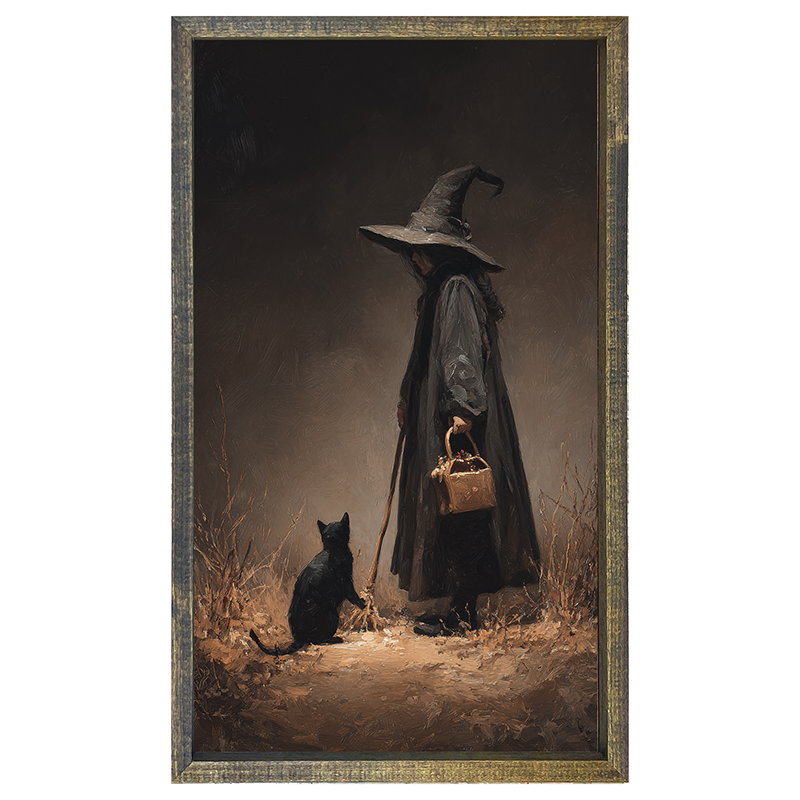Witch with Black Cat on Path - Vertical Frame