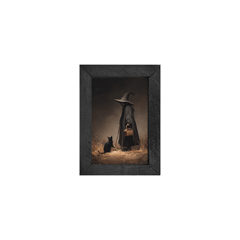 Witch with Black Cat on Path - Vertical Frame