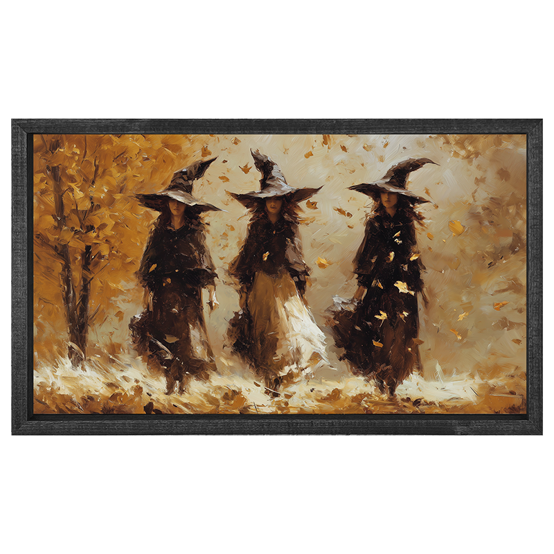 Three Witches Walking in Golden Leaves - Horizontal Frame