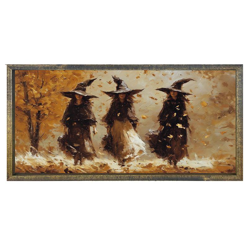 Three Witches Walking in Golden Leaves - Horizontal Frame