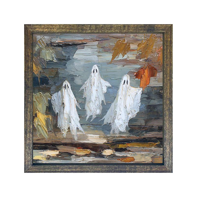 Three Ghosts Floating with Leaves - Square Frame