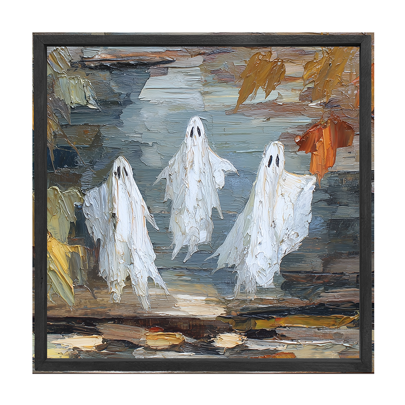 Three Ghosts Floating with Leaves - Square Frame