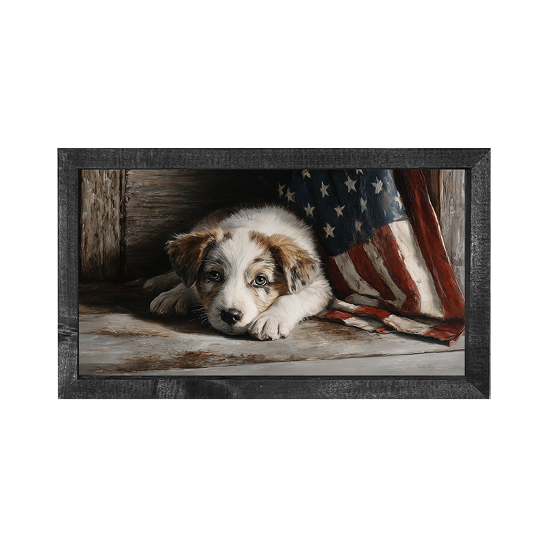 White and Brown Dog Resting near Flag - Horizontal Frame
