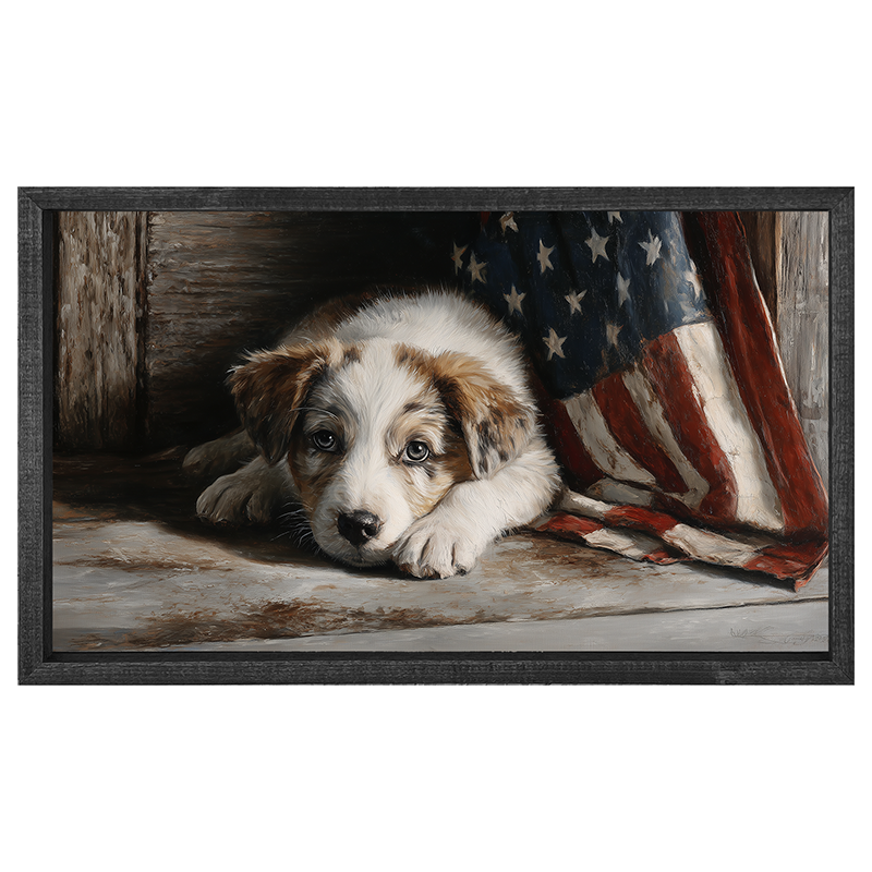 White and Brown Dog Resting near Flag - Horizontal Frame