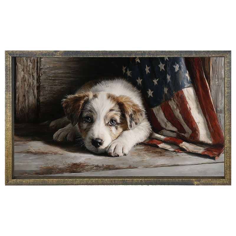 White and Brown Dog Resting near Flag - Horizontal Frame
