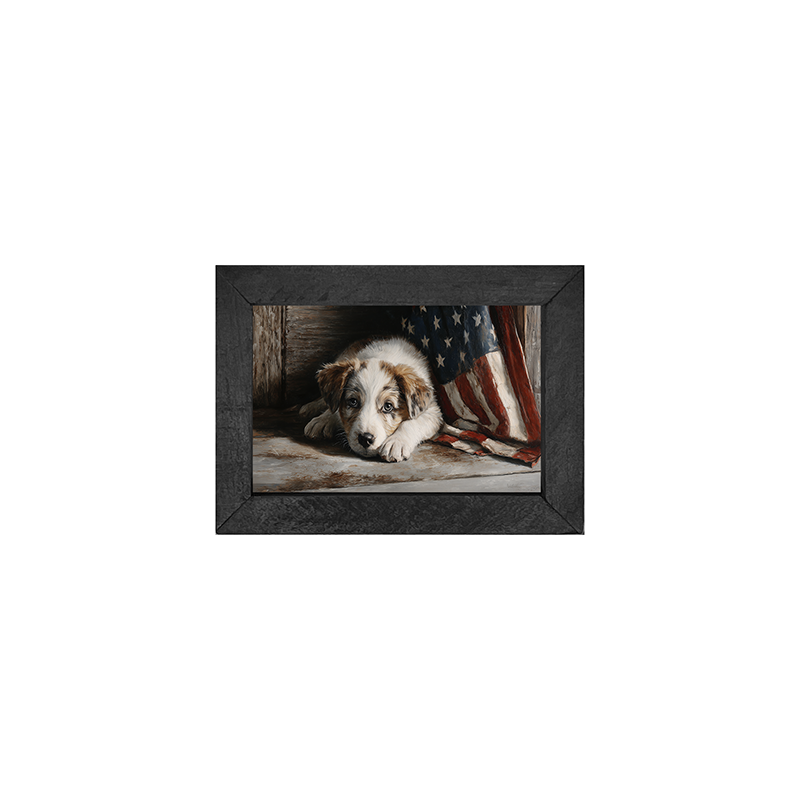 White and Brown Dog Resting near Flag - Horizontal Frame
